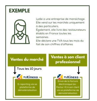 Exemple d'application de la facturation électronique obligatoire pour une entreprise de maraîchage, illustrant les obligations d’e-reporting pour les ventes à des particuliers et l’envoi de factures électroniques aux clients professionnels.