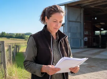 Femme agricultrice consultant des documents administratifs devant une ferme – aide agricole prêt de consolidation prolongé jusqu’en 2027