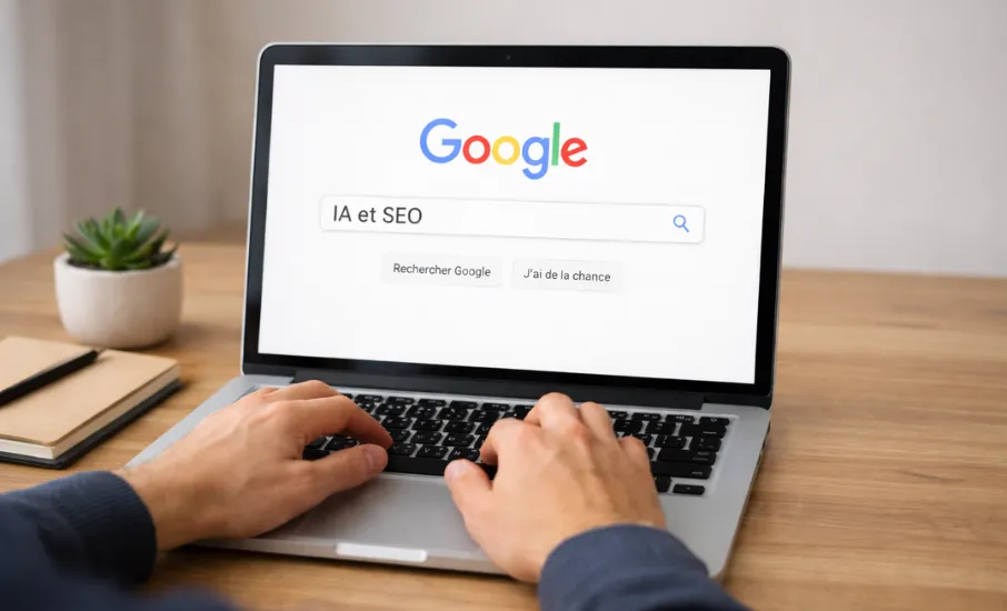 Personne cherchant sur Google "IA et SEO" sur son ordinateur