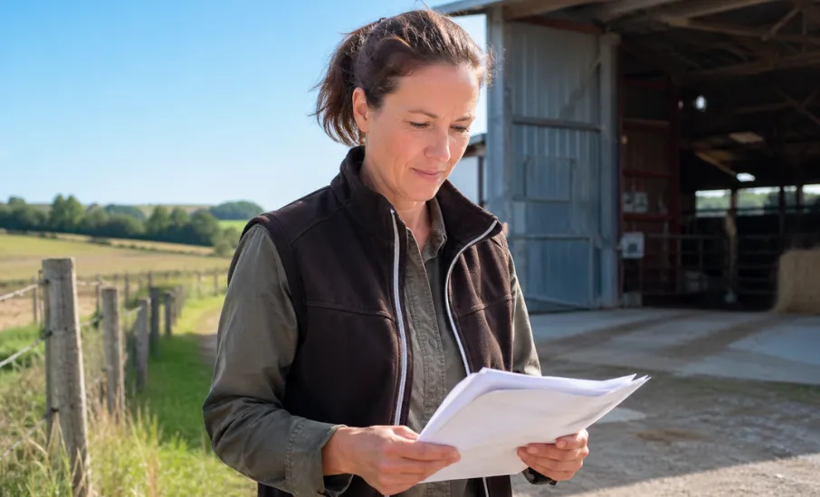 Femme agricultrice consultant des documents administratifs devant une ferme – aide agricole prêt de consolidation prolongé jusqu’en 2027