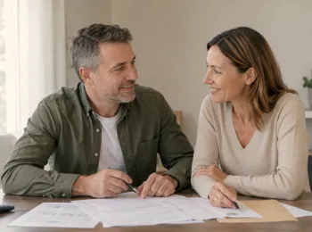 Couple étudiant des documents sur le démembrement de la clause bénéficiaire en assurance-vie pour organiser leur succession