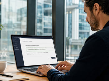 Adresse électronique de facturation saisie sur une plateforme de facturation électronique par un professionnel travaillant sur ordinateur dans un bureau moderne.