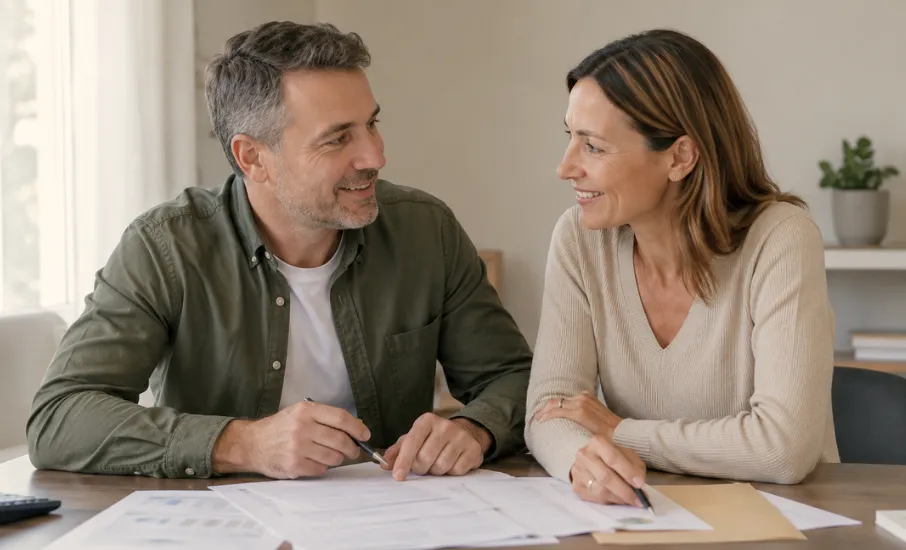 Couple étudiant des documents sur le démembrement de la clause bénéficiaire en assurance-vie pour organiser leur succession