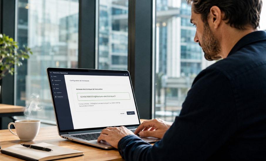 Adresse électronique de facturation saisie sur une plateforme de facturation électronique par un professionnel travaillant sur ordinateur dans un bureau moderne.