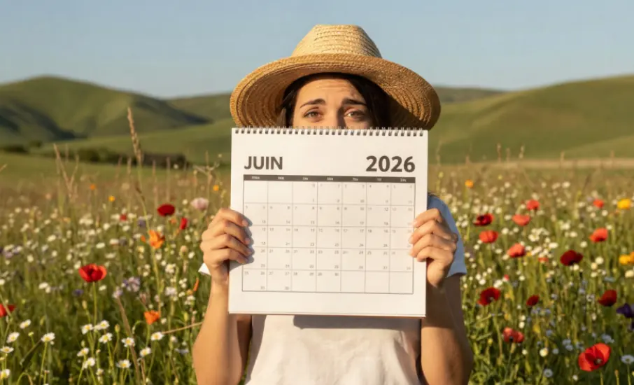 Une agricultrice dans une prairie fleurie tient un calendrier ouvert sur le mois de juin 2026 qui annonce les aides de la PAC