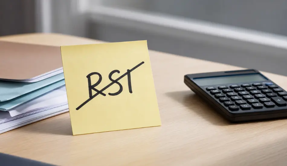 Pense-bête affichant « RSI » barré à côté d'une calculatrice, illustrant la suppression du régime simplifié RSI